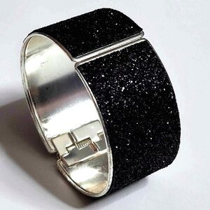 Silver Plated Jet Black Sparkle Spring Open Cuff Bracelet